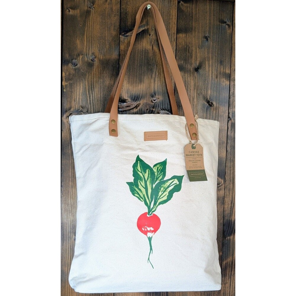 Smith & Hawken Canvas Market Tote Bag Radish Print Leather Handles NWT